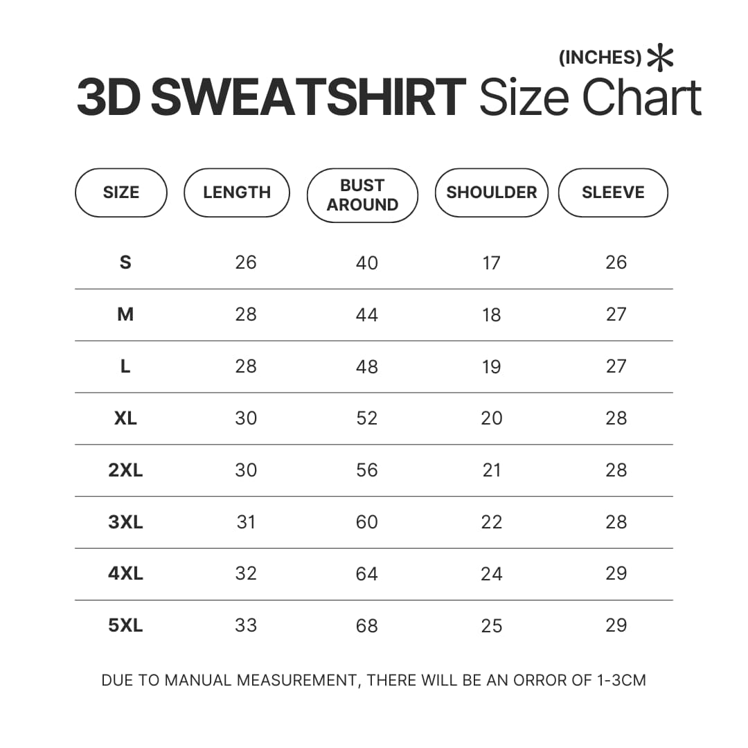 3D Sweatshirt Size Chart - Evangelion Store