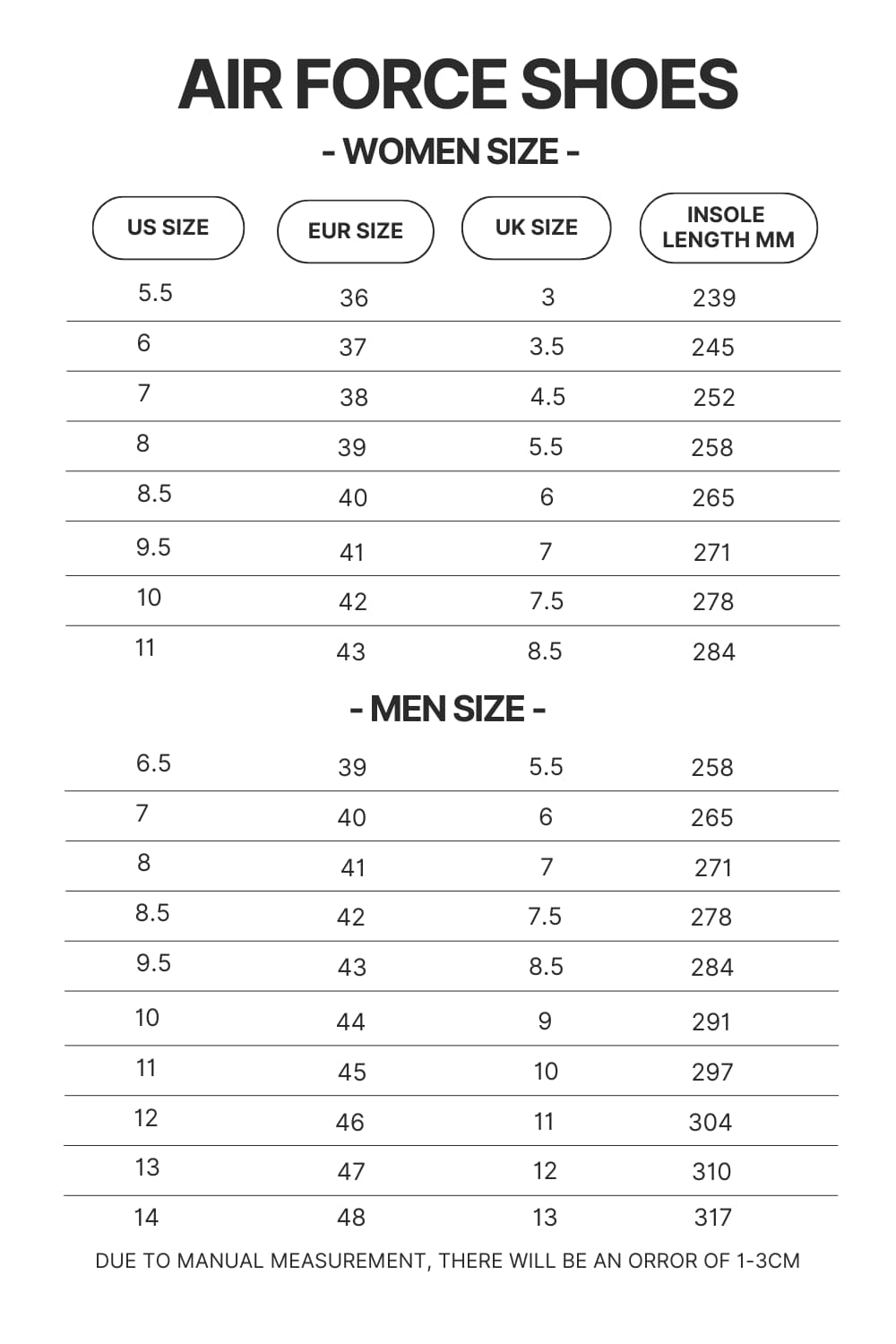 Air Force Shoes Size Chart - Evangelion Store